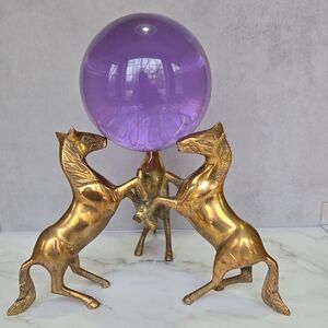 Vintage Three Brass Horses Holding Purple Sphere
